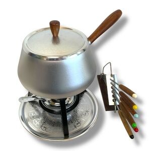 Vintage Marafuto Fondue Set Complete Etched Silver Metal & Forks in Original Box